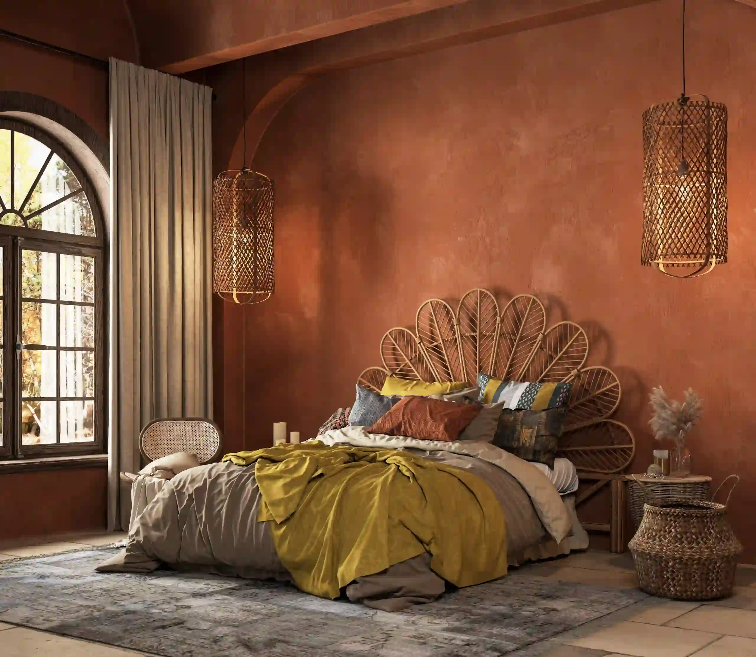 Warm room with a bold patterned wallpapered wall